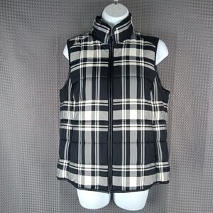 Lauren Ralph Lauren Petite L Plaid Puffer Vest Black Gray Zip Front Sleeveless